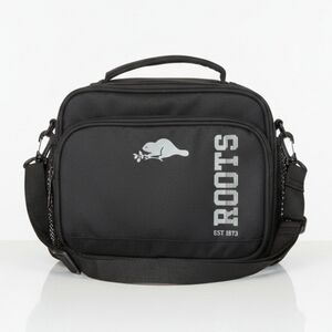 Roots Insulated Lunch Bag Black Recycled Fabric Dual Compartment Shoulder Strap